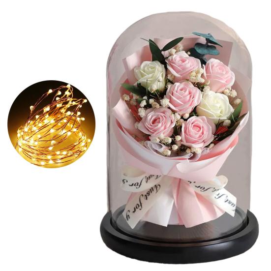 Букет искусственных роз со светодиодной подсветкой, стеклянный купол, вечное цветочное украшение для женщин, жен, девушек, годовщины, дня святого Валентина, подарка на день матери