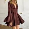 Женское атласное мини-платье, расклешенное, с длинными рукавами, глубоким V-образным вырезом, короткое платье А-силуэта с высокой талией, струящееся платье для коктейльной вечеринки в клубе