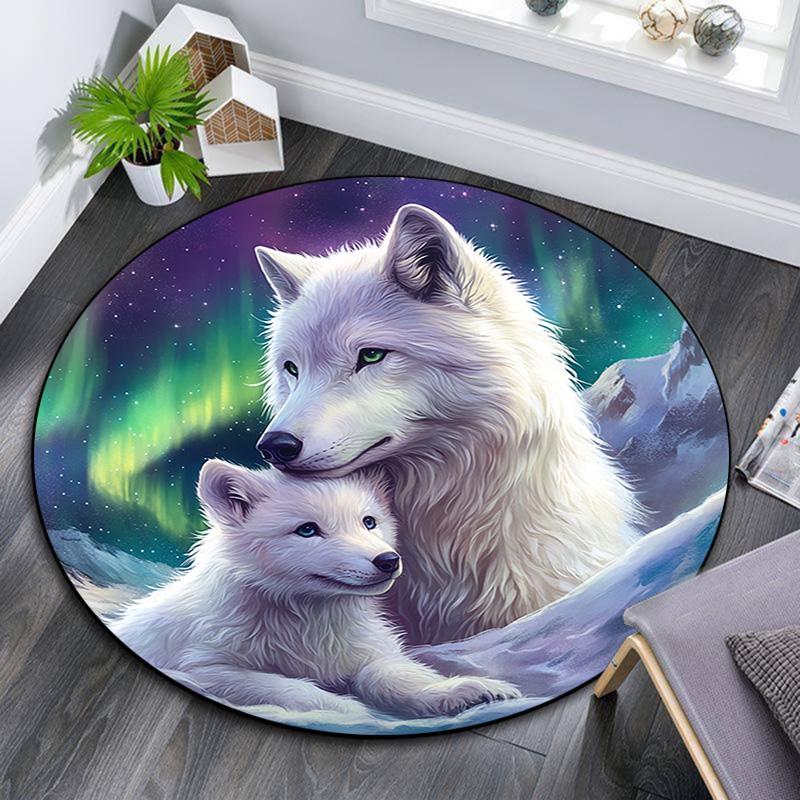 White Wolves Round Area Rug,Carpet Rug for Living Room Bedroom Sofa Playroom Decor,Non-slip Floor Mat