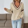 New Autumn and Winter Retro College Style Knitted Sweater, Loose Striped Long-sleeved V-neck Sweater with Contrasting Colors