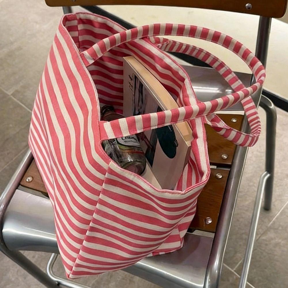1Pcs Durable Large Capacity Canvas Shoulder Bag Striped Simple Top-Handle Handbag Travel Casual Striped Tote Bag