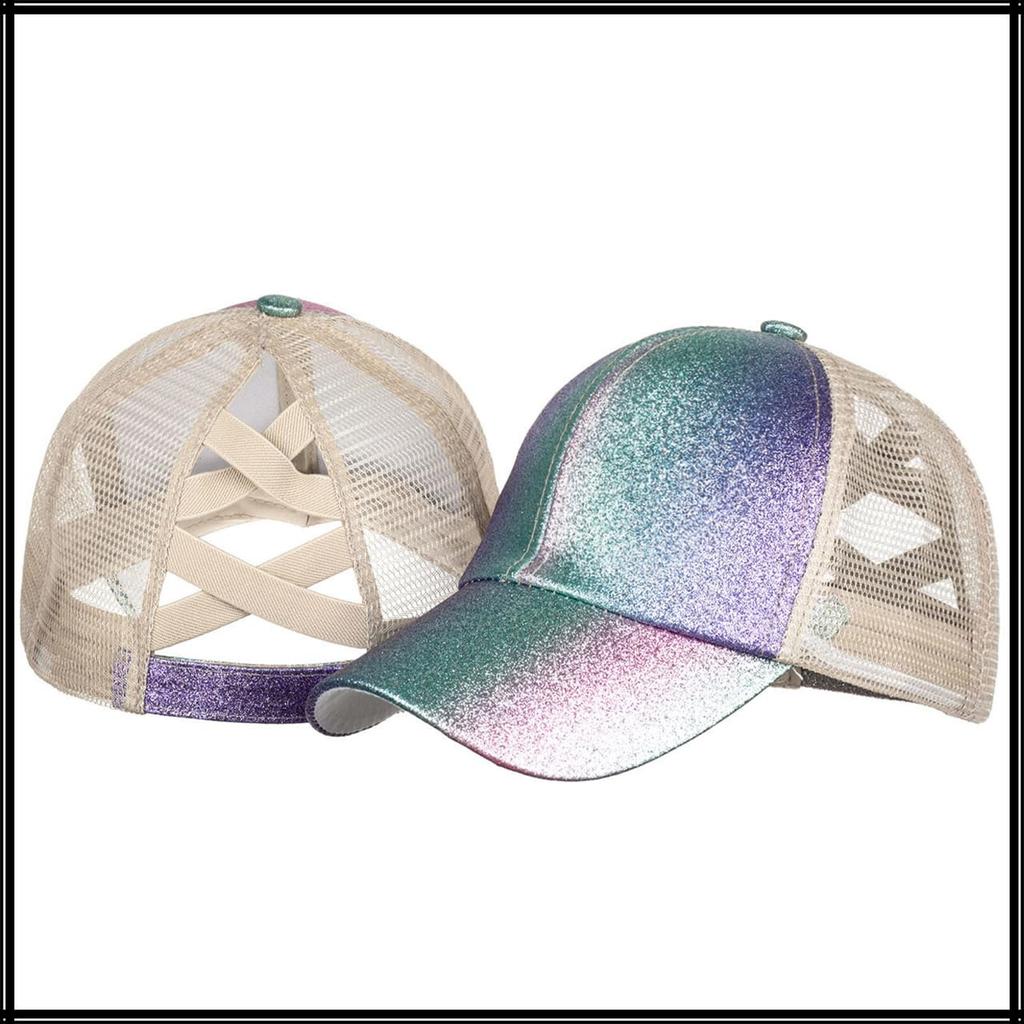 Блестящая сетчатая кепка Double CZ978 [Белый Клык] Шляпа, Блестящая, Стильная, Крест, Женская, (Одинарная спинка)