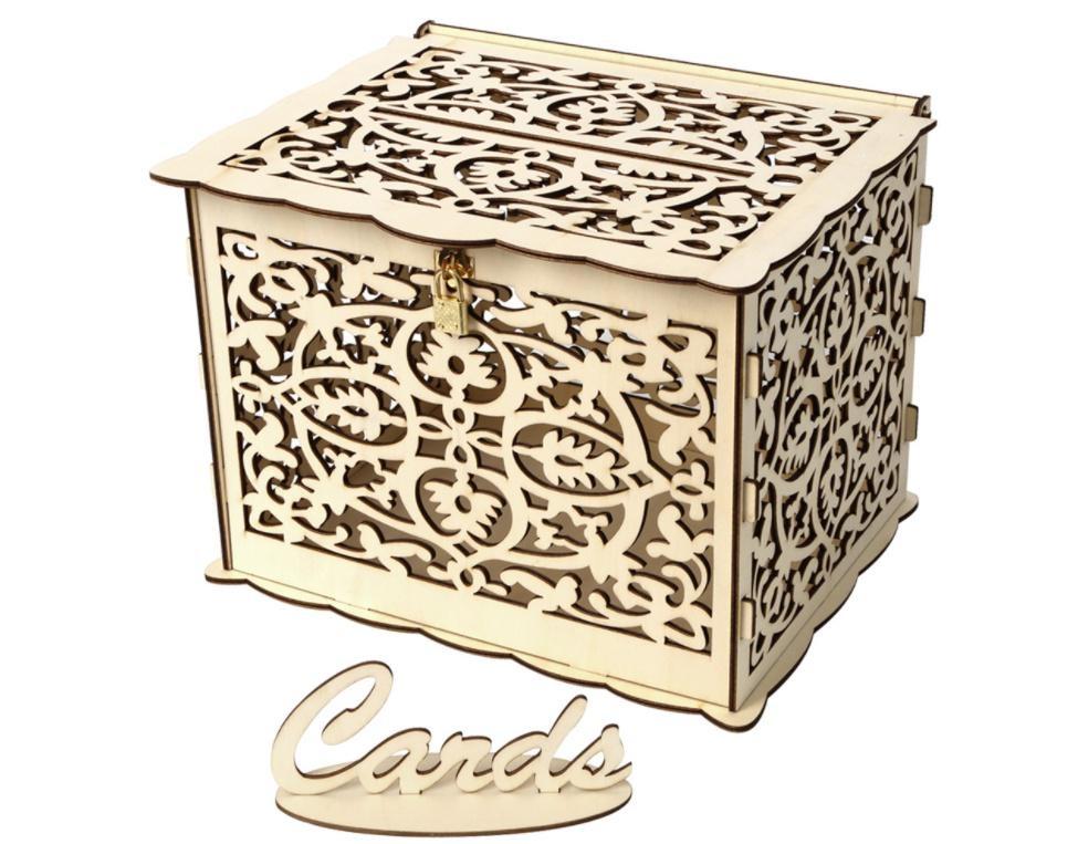 Wooden Elegant Wedding Cards Box Hollow Out Wedding Money Box with Lock for Romantic Wedding