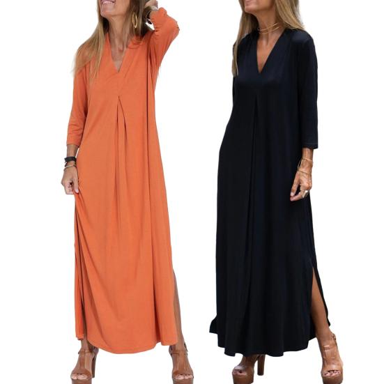 Женское платье с V-образным вырезом, свободное сплошное цветное подол с разрезом по бокам, три четверти, плиссированные рукава, вязаное, мягкое, повседневное, мягкое, дышащее, до щиколотки, платье макси