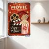 Винтажная металлическая жестяная табличка "Вечер кино" - Красный фон с кинопленкой, хлопушкой, ведром для попкорна и билетами для домашнего кинотеатра, кафе