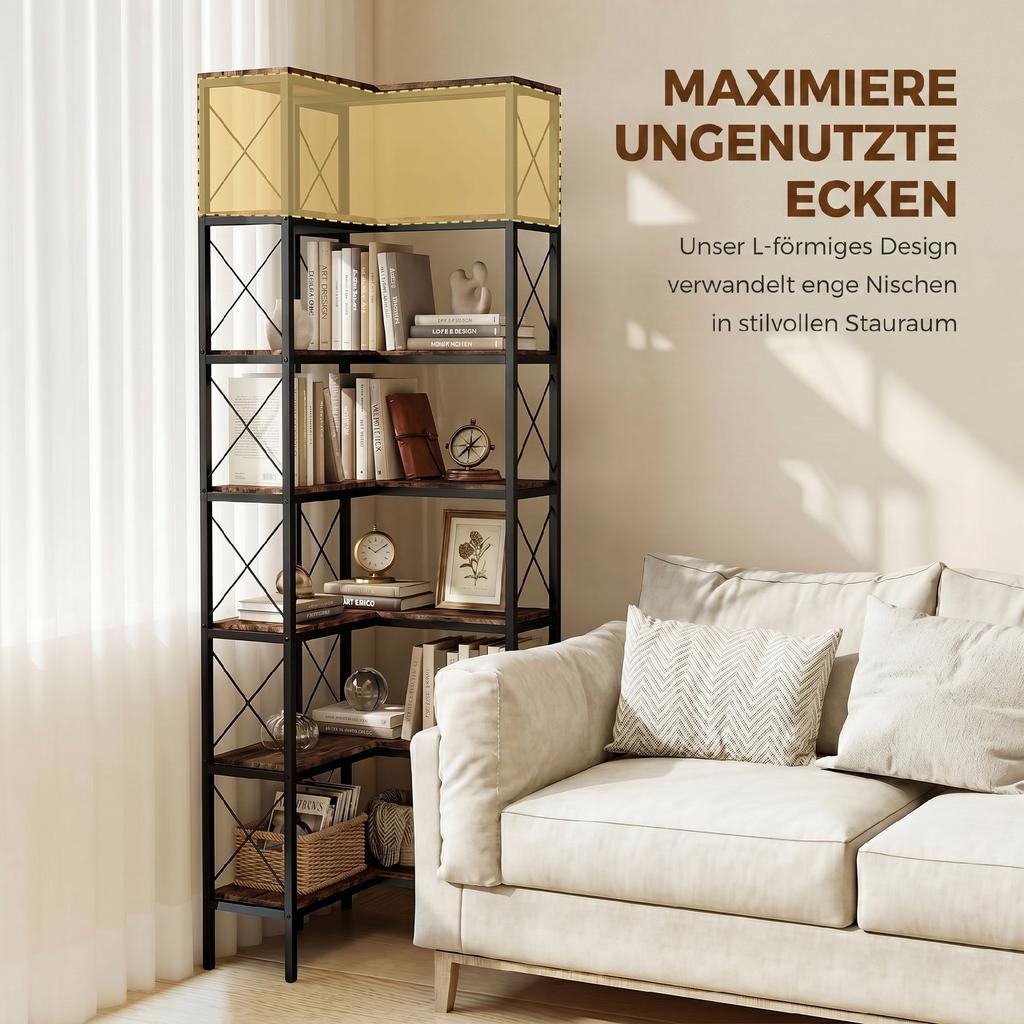 6-Tier L-Shaped Bookshelf, Freestanding Corner Bookcase with Metal Frame, Rustic Brown