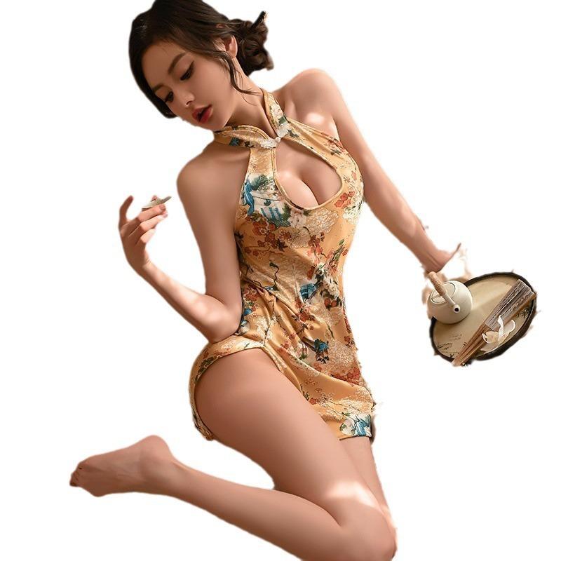 Vintage sex underwear uniform temptation printed cheongsam uniform free tight nightclub hip skirt pure desire