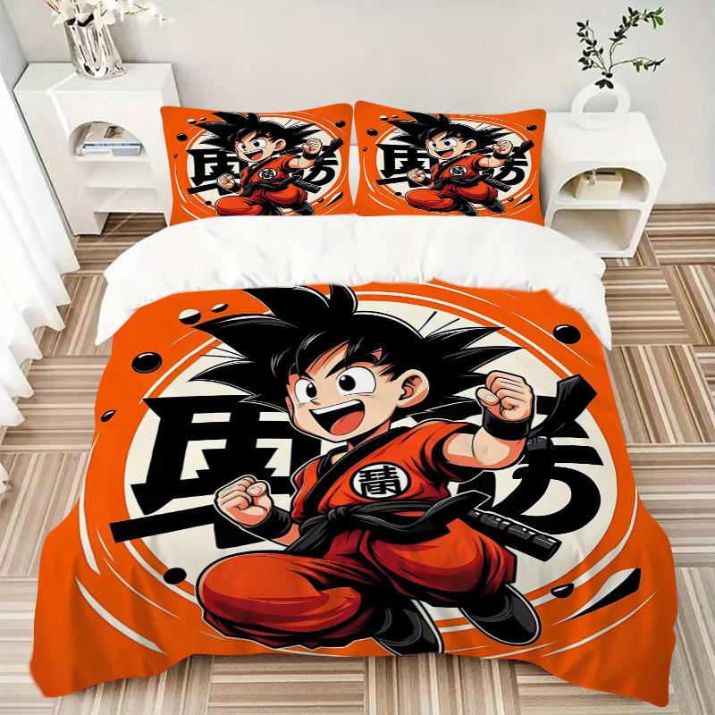 3pcs Dragon Ball Z Cute Son Goku Pattern Bedding Set, 1* Cover + 2*Pillowcases, Printed Bedding Set, Soft