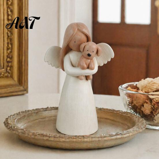 Unique Gifts for Cat Owners Angel Holding Puppy Figurine, Cute Dog Resin Statue Home Heartwarming Pet Keepsake Desk Decor, Handcrafted Wood