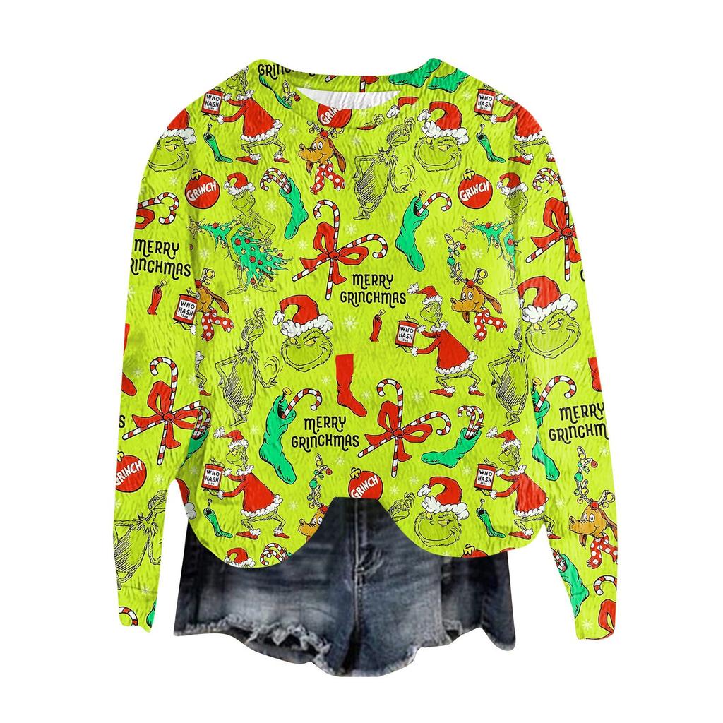 Women's Fashion Round Neck Pullover Top Long Sleeve Tee Christmas Printed Sweatshirt