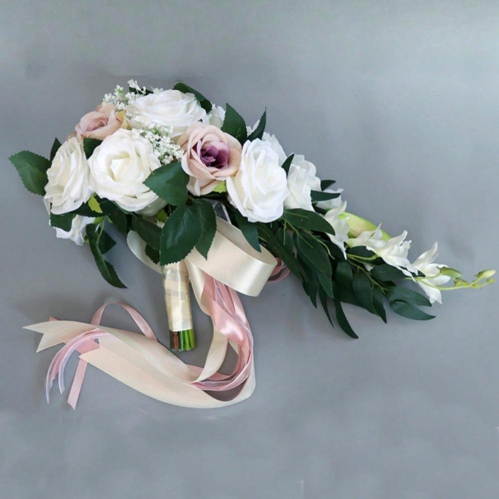 Fake Flower Bunch Wedding Bridal Bouquet Artificial Rose Flowers with Ribbons Tossing Cascading Bouquet Boho Rustic Ceremony Anniversary Decoration