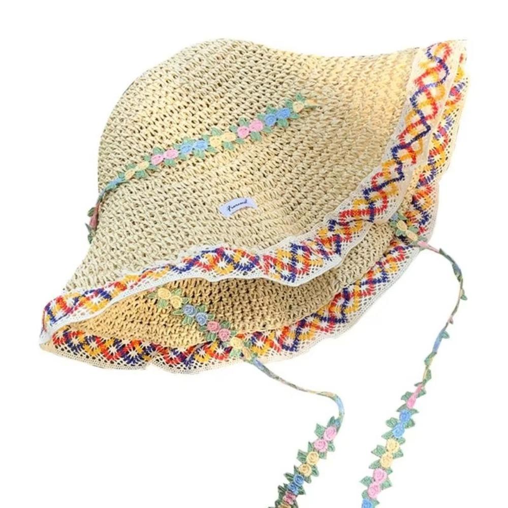 Elegant Woman's Straw Hat Breathable INS Sun Protection Cap Wide Brim with Flower Decors Rope Women's Sun Visor Hats