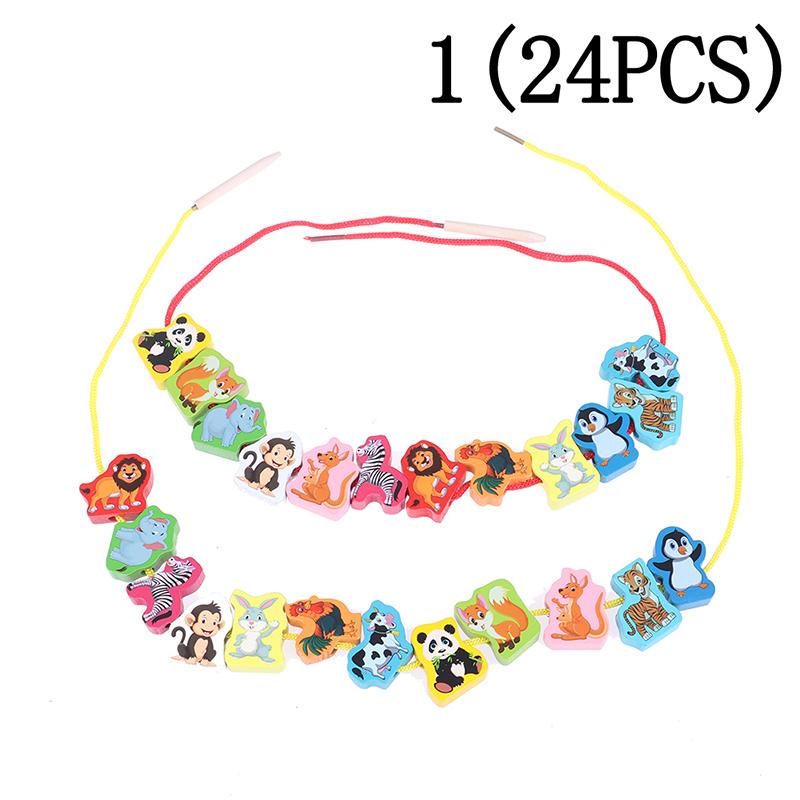 24Pcs Baby Wooden Diy Toy Fruit Animal Stringing Threading Wooden Beads Toy