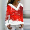 Женская мода повседневная плюшевая кофта с длинным рукавом и V-образным вырезом с рождественским принтом
