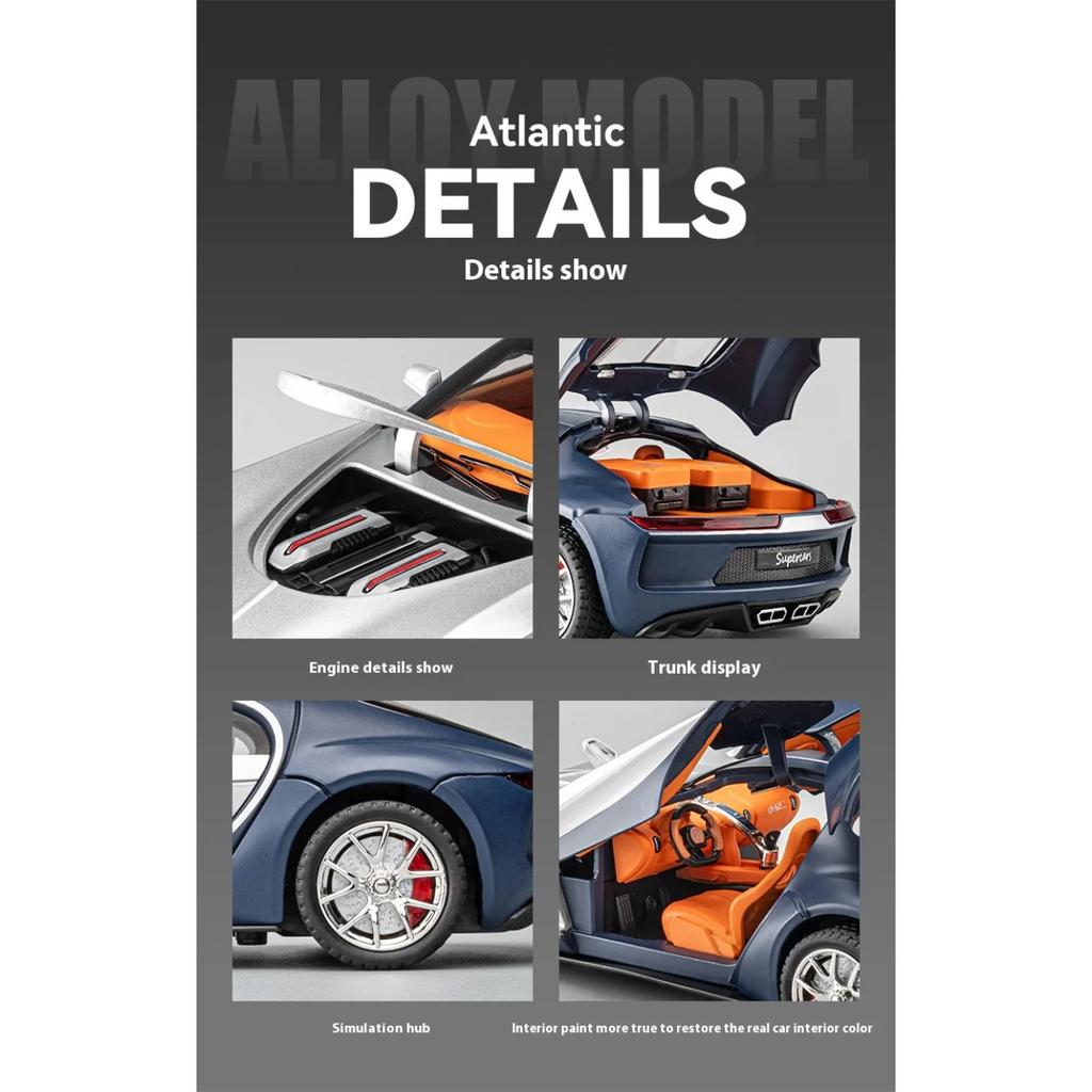 1/24 Bugatti Atlantic Роскошный Спортивный Автомобиль Модель из Сплава, Имитация Звука и Света, Окрашенный Салон, Восстановленные Детали, Настольные Украшения