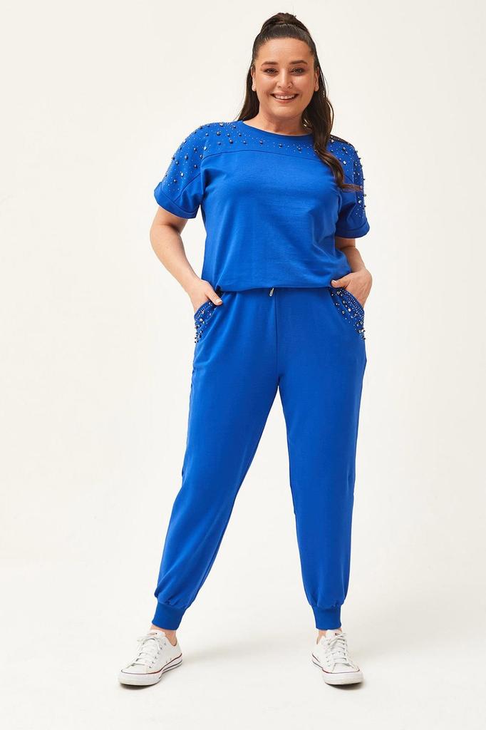 Женский модный спортивный костюм большого размера, летний зеленый спортивный костюм большого размера с камнями и бисером, с короткими рукавами