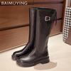 Зимние женские высокие сапоги из натуральной кожи на среднем каблуке, классическая обувь 2025 года, дизайнерские гладиаторы, высокие мотоциклетные ботинки до колена
