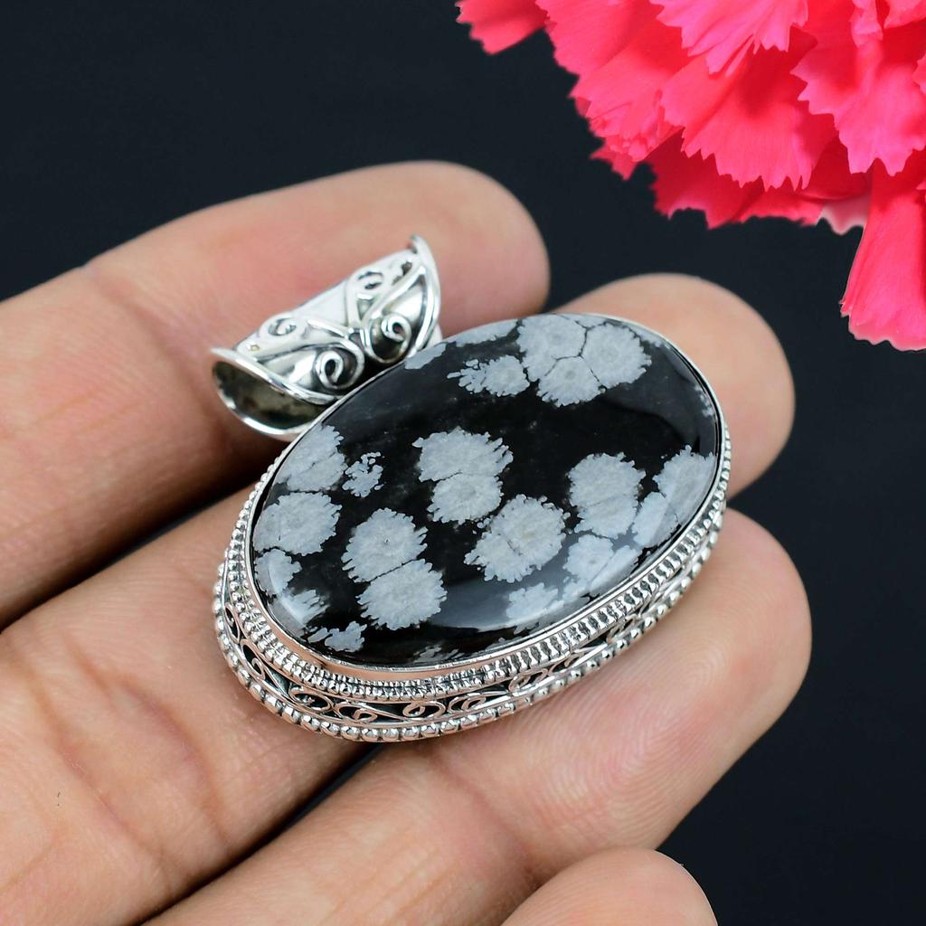 Снежинка Обсидиан Драгоценный Камень Подвеска Твердый Стерлингового Серебра 925 Подвеска Ювелирный Подарок Для Унисекс