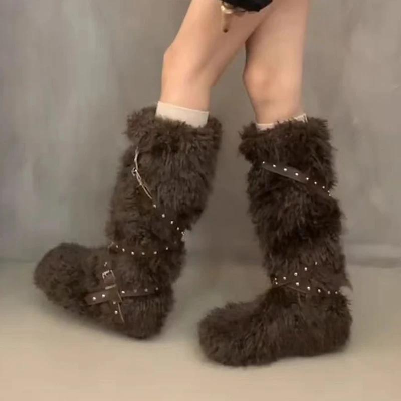 Меховые женские сапоги на плоской подошве, высокие зимние дизайнерские сапоги до колена, женские модные теплые зимние короткие плюшевые мотоциклетные сапоги Mujer