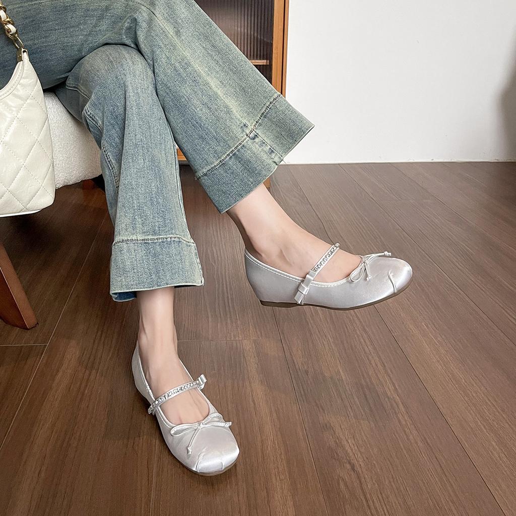 Туфли Мэри Джейн на внутренней платформе с бантом из стразов, женские балетки серебристые одинарные туфли на плоской подошве
