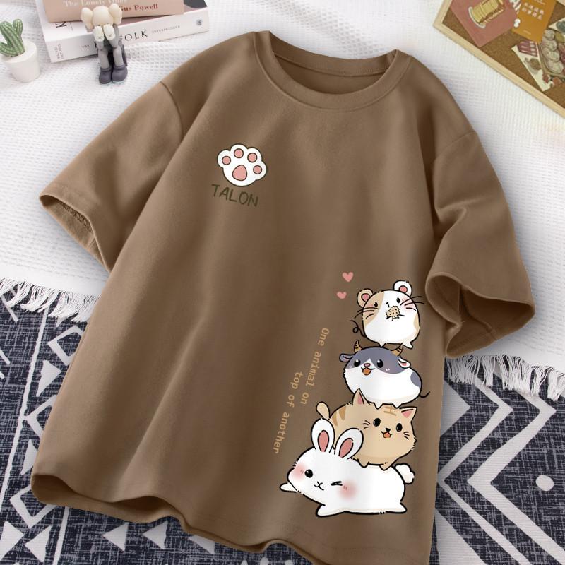 Japanese Cute Hamster Style Sweet Print Daily Wear Short Sleeve T-shirt Women's Loose Casual Teenage Student Half Sleeve Top