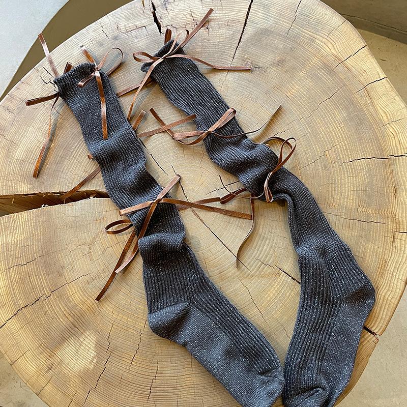 Balletcore Ribbon Tie-Up Ribbed Socks, Sparkly Lurex Knee High Slouch Socks with Bow Detail for Women Girls Y2K Lolita Fashion