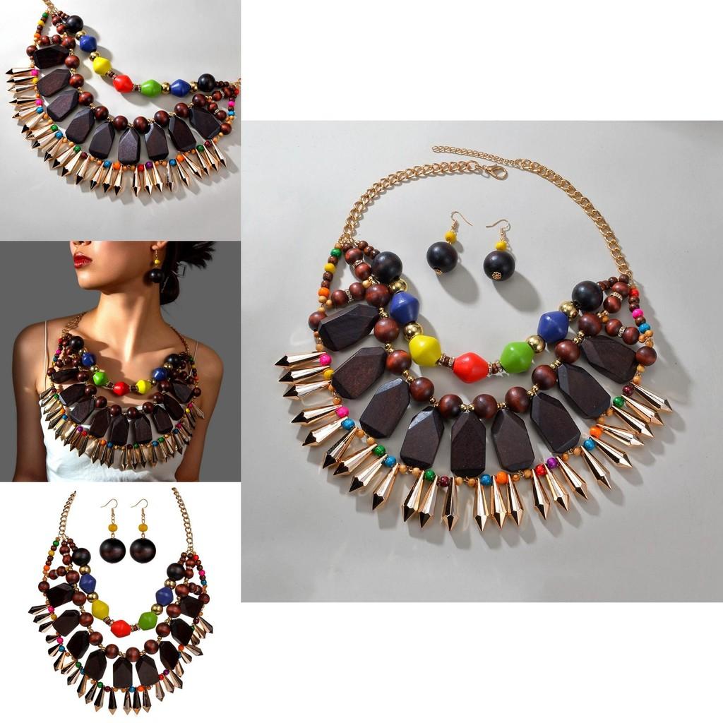 Unique Irregular Wooden Bead Necklace And Earrings Set With Sparkling Rhinestones For Summer Outfits