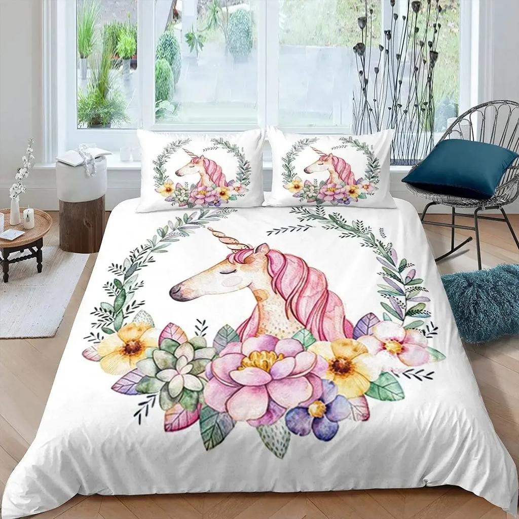 Комплект пододеяльника с кошкой-единорогом размера queen, Комплект постельного белья с радужным единорогом, Мультяшный комплект постельного белья для девочек с волшебными животными и сладким мороженым