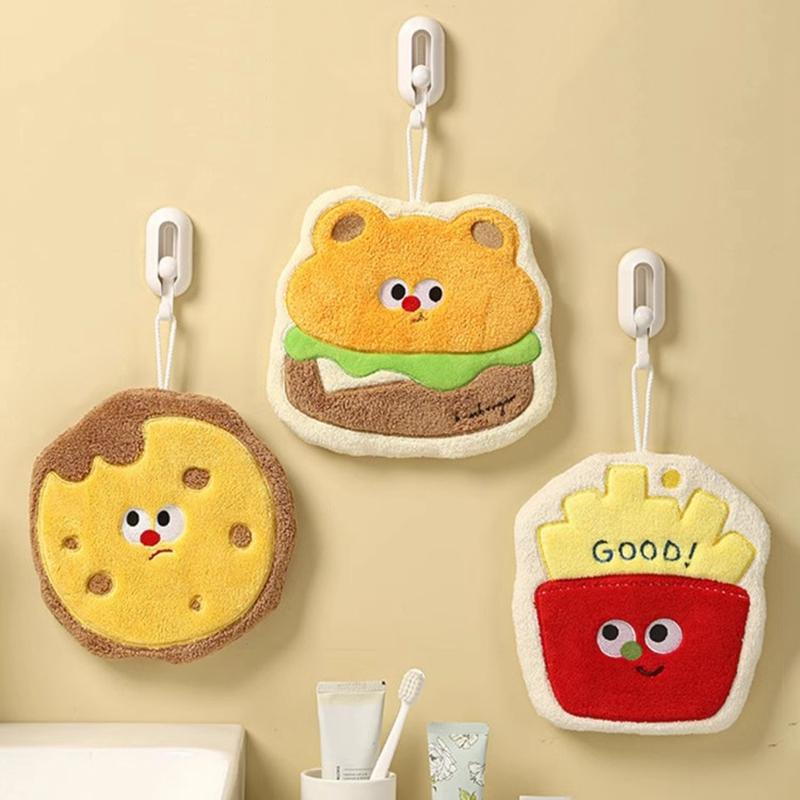 Cartoon Hamburger Toast Hand Towel Absorbent Coral Velvet Washing Hand Cloth Kitchen Bathroom Hanging Children Towel Thickened