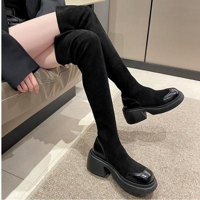 Черные эластичные сапоги длиной до колена на толстой подошве для женщин 2024 года, осень и зима, пикантные женские носки для тонких и длинных носков, женские
