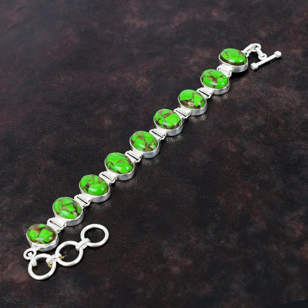 Copper Green Turquoise Bracelet Natural Gemstone Bracelet 925 Sterling Silver Bracelet Adjustable Chain Bracelet Handmade Jewelry For Gifts