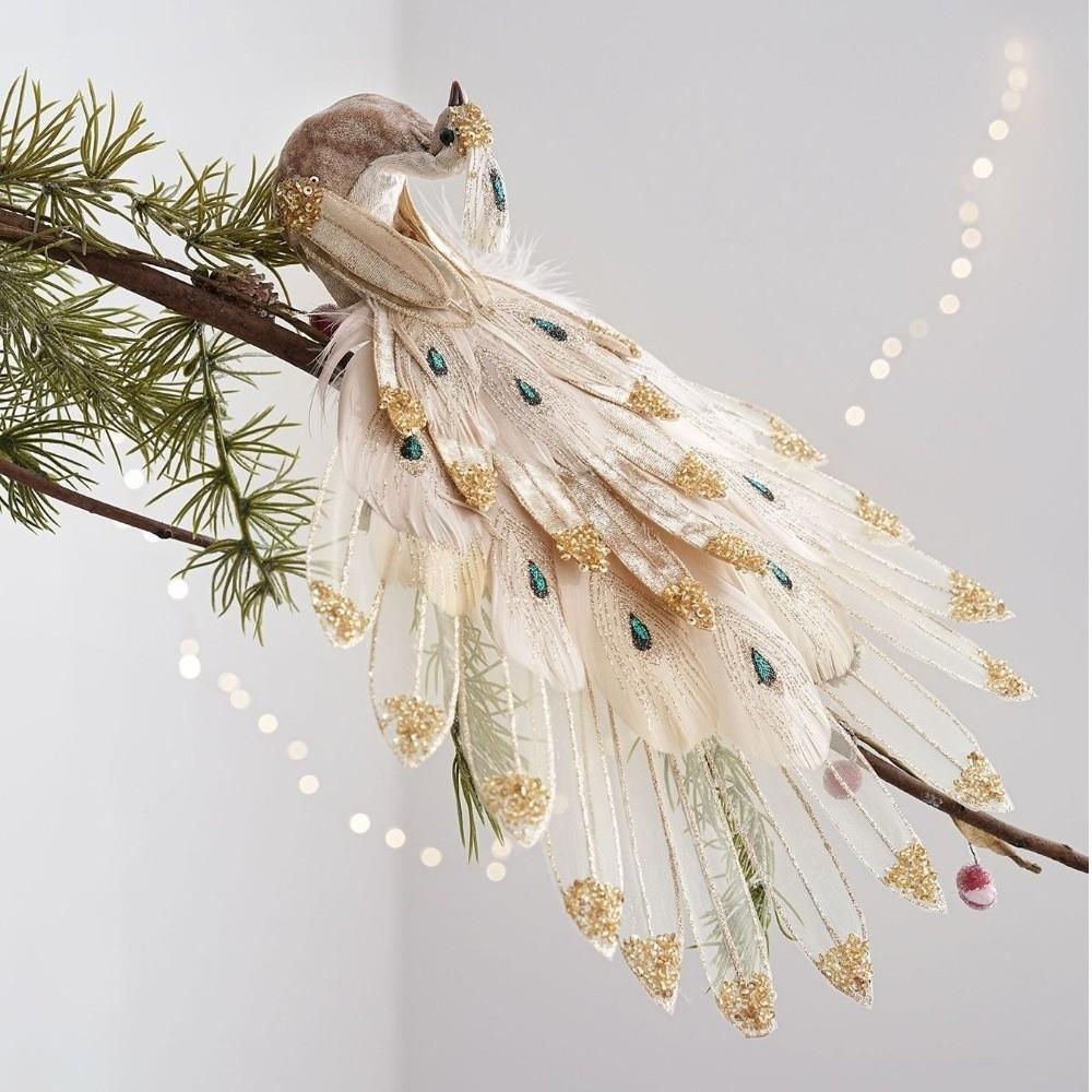 Glitter Accent Artificial Peacock Ornament Fabric Feather Peacock Hanging Ornament Window Display