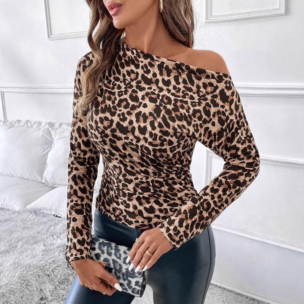 Женская футболка с рукавами «летучая мышь», оборками на плечах, облегающая, шикарная, винтажная, с леопардовым принтом, топ для женщин