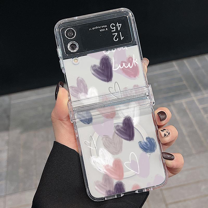 3 шт. складной противоударный чехол для Samsung Z Flip6 Flip5 Flip4 для Magsafe Magnetic Colorful Love Hearts Pattern Clear Hard Pc Slim Case Cover