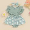 Infant Baby Girl Romper Dress Daisy Print Short Sleeve Round Neck Jumpsuit with Bow Headband