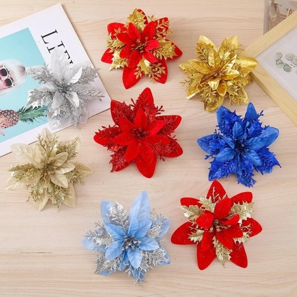30pcs Set Multipurpose Artificial Christmas Flowers Glitter Poinsettia Flowers for Party Decoration
