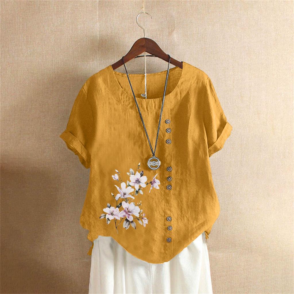 Хлопковая и льняная женская одежда Лето и осень Ретро Повседневная свободная хлопковая и льняная футболка с коротким рукавом Женская одежда больших размеров