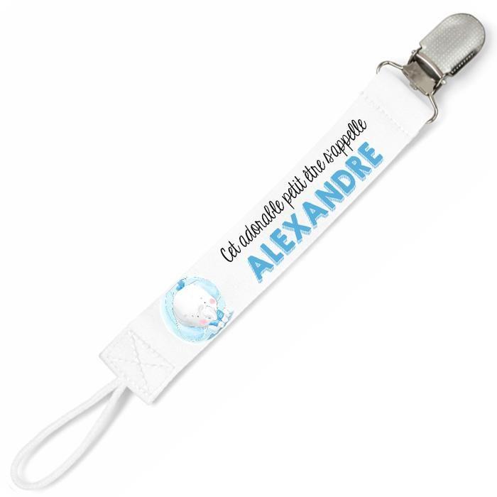 Planetee Attache tétine pour prénom ALEXANDRE cet adorable petit être éléphant garçon | Attache sucette cadeau naissance