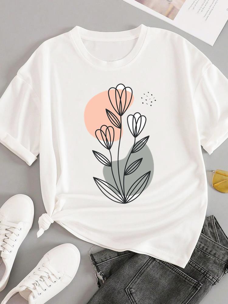 (Азиатский размер) Модные футболки с круглым вырезом для женщин, с милым мультяшным принтом растений, повседневный женский топ, одежда, принт, короткий рукав, графическая футболка