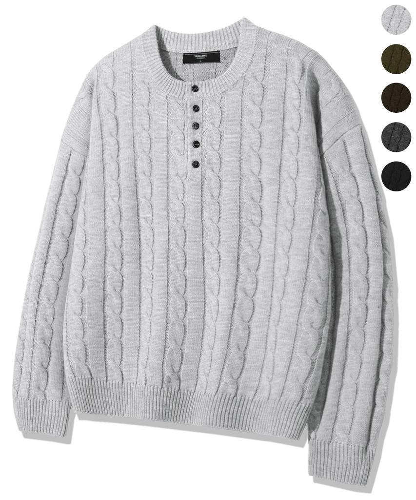 TRILLION Semi-Crop Henley Neck Cable Knit_5Color