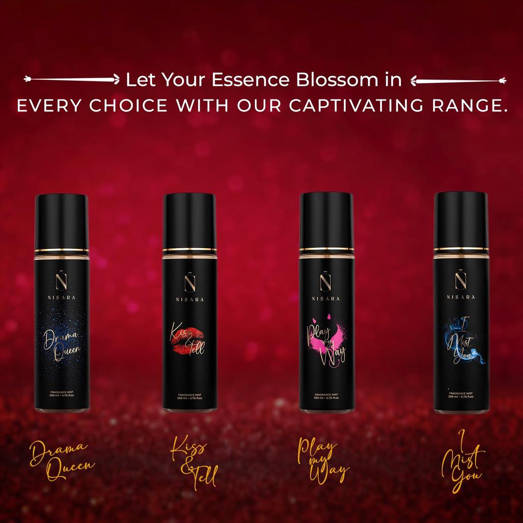 Nisara Kiss & Tell Спрей для тела для женщин - 200 мл | Цветочный древесно-мускусный аромат | с нотами розы, белого мускуса и ванили | Стойкий спрей