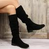 Winter New Women's Boots: Low-heeled Nude Pleated Suede High Boots, Black Long Boots, Large-sized Round-toe Fashionable Boots