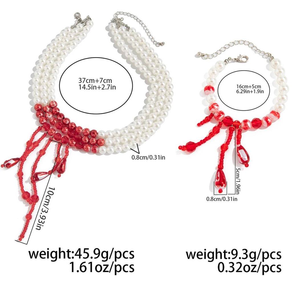 IngeSight.Z Multilayer Goth Red Blood Pattern Imitation Pearl Crystal Tassel Necklace Bracelet Women Vintage Luxury Jewelry Set