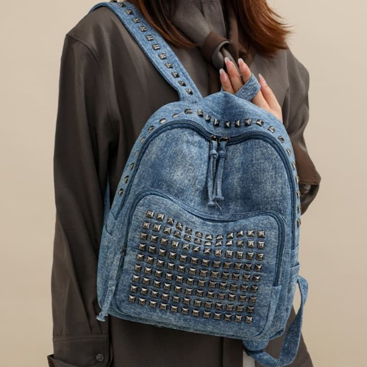 Джинсовый рюкзак с заклепками, большой вместимости