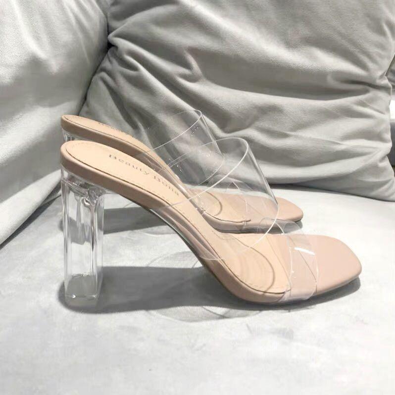 New Summer Transparent Sandals Women's Medium Heel Thick Heel Crystal High Heels Fairy Style Word with Cool Slippers