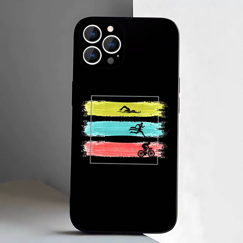 Чехол для iPhone 17,16,15,14,13,12,11 Air,Plus,Pro Max,XS,X,XR,SE,Mini,8,7 с принтом Триатлон Плавание велосипед бег, Мягкий силиконовый черный чехол