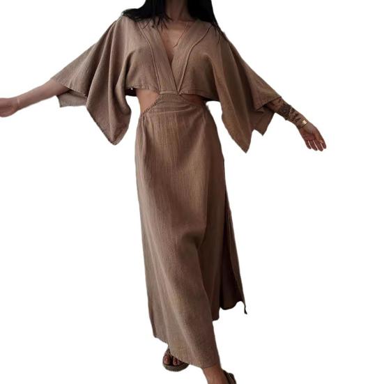 Женское платье макси с V-образным вырезом, сексуальное облегающее платье с коротким рукавом и разрезом, летнее длинное платье из хлопка и льна для пляжного отдыха