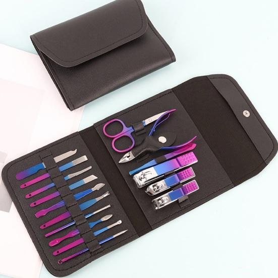 16 шт. маникюрный набор с чехлом из искусственной кожи, плоские косые кусачки для ногтей, ножницы для бровей, пилочка для чистки ушей, портативный педикюр из углеродистой стали