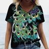 Fashion V-neck Women T-Shirt 3D Peacock Feather Graphic Short Sleeve Tees Oversized Y2k Tops Summer Street Casual Female T Shirt