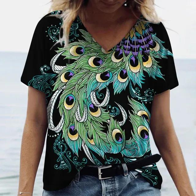 Fashion V-neck Women T-Shirt 3D Peacock Feather Graphic Short Sleeve Tees Oversized Y2k Tops Summer Street Casual Female T Shirt
